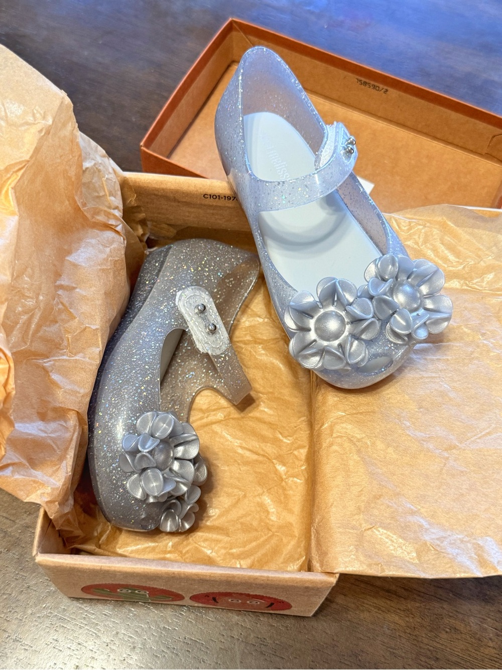 MINI MELISSA glittery gray silver flower Ultragirl Springtime BB Mary Jane shoes